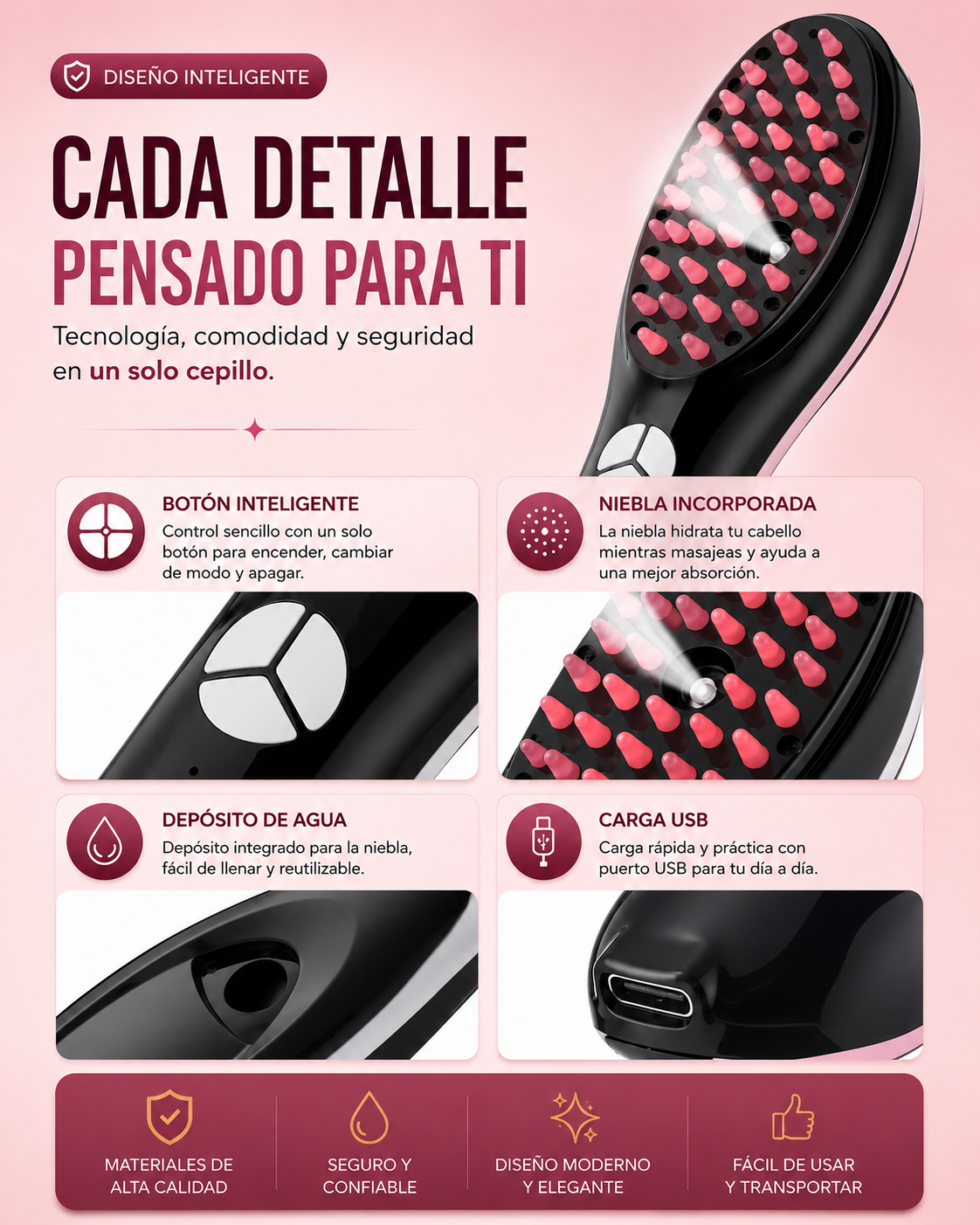 Cepillo Inteligente de Terapia Capilar 3 en 1 con Vapor
